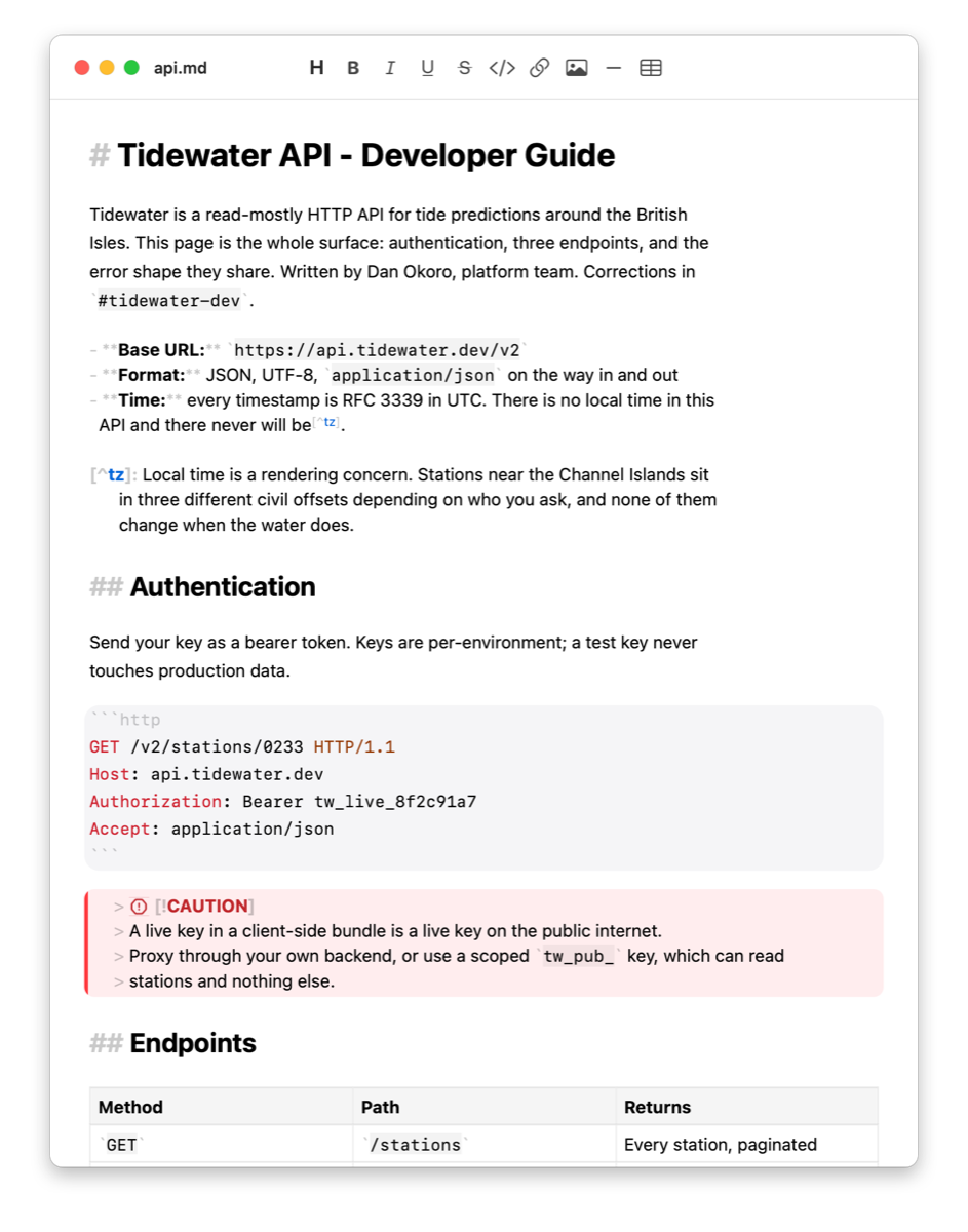 Thorpe editing api.md - a developer guide with a syntax-highlighted HTTP code block, a caution callout and a table