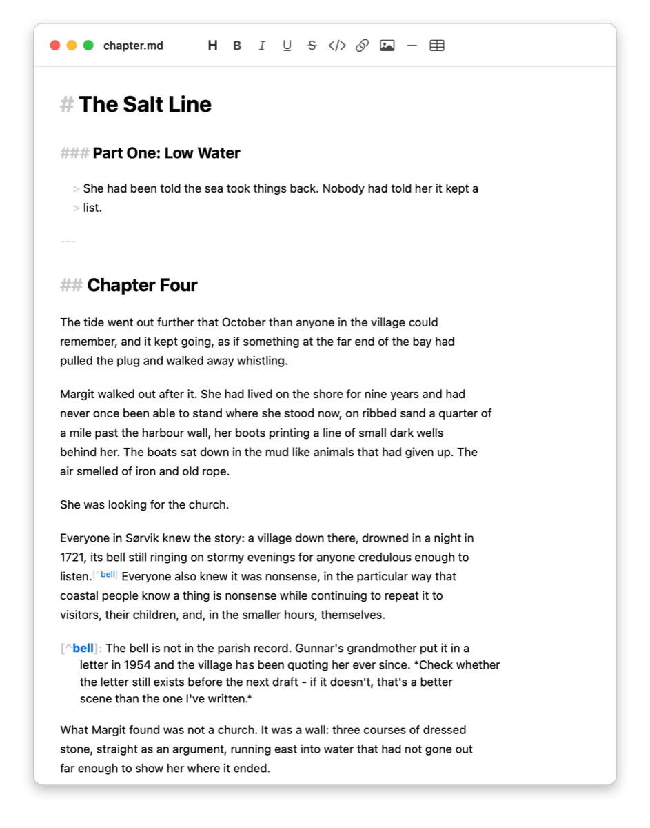 Thorpe editing chapter.md - a novel chapter with a blockquote, a horizontal rule and a footnote