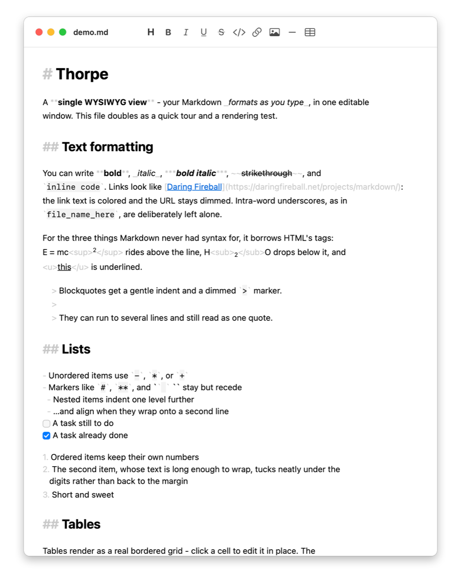 Thorpe editing demo.md - headings, bold, italic, links and task lists all formatting live in one editable window