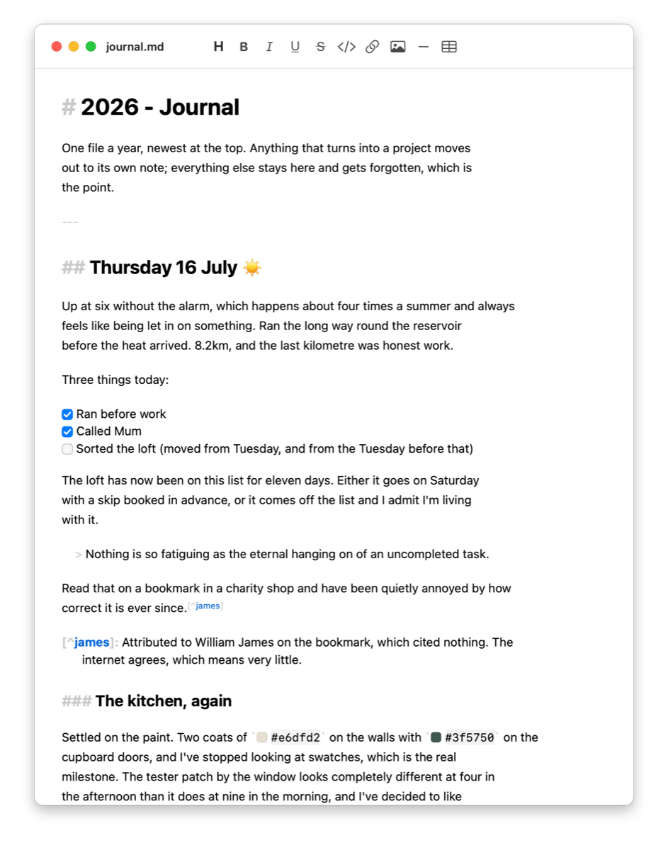 Thorpe editing journal.md - a daily journal with checkboxes and inline hex colour swatches