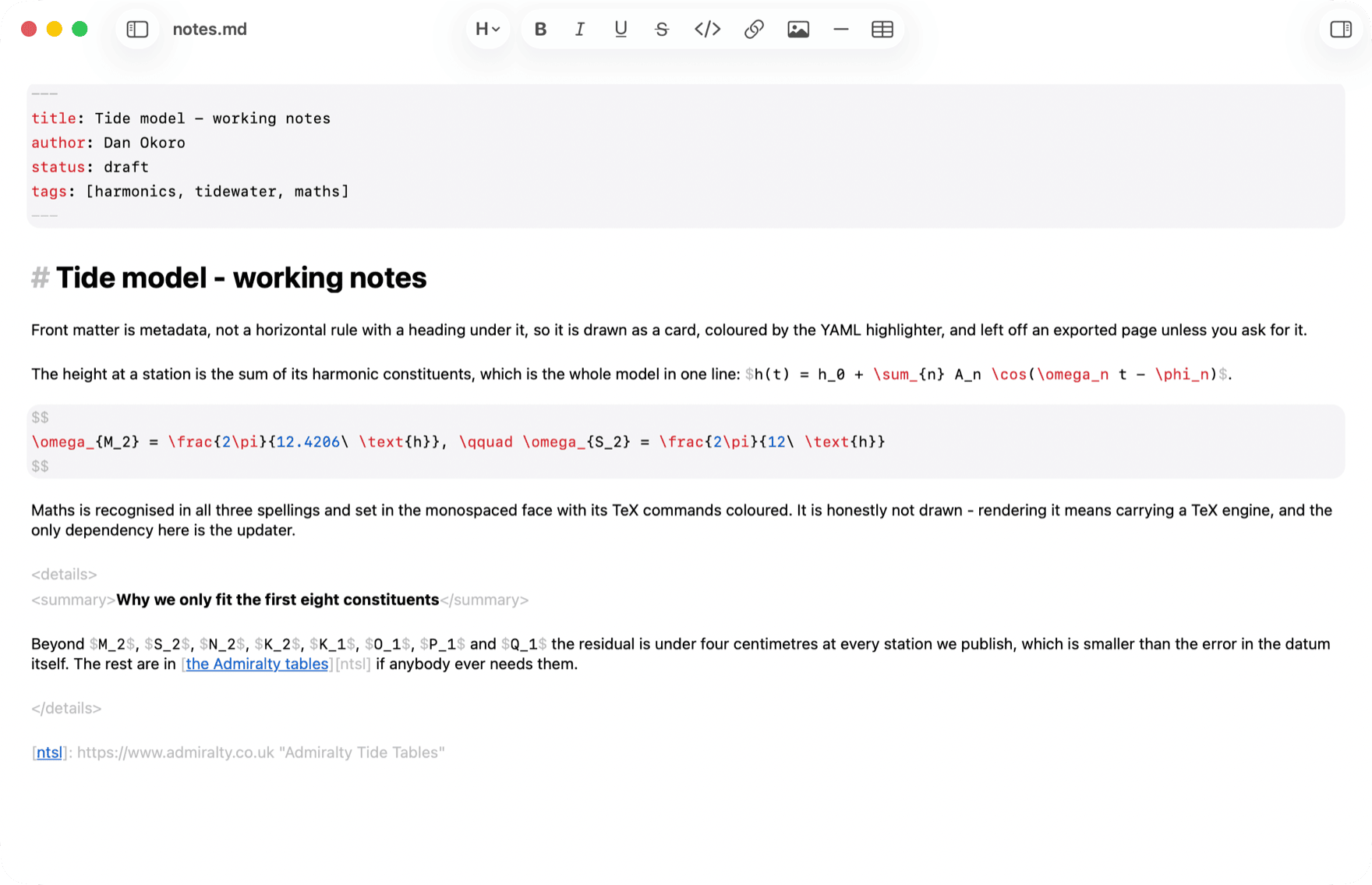 notes.md - YAML front matter drawn as a card, inline and display maths in a monospaced face, a details block and a reference link