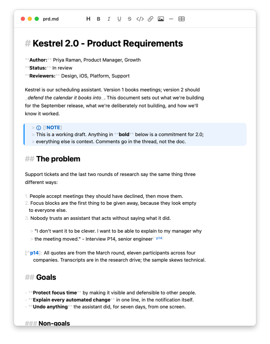 Thorpe editing prd.md - a product requirements doc with a note callout and footnotes